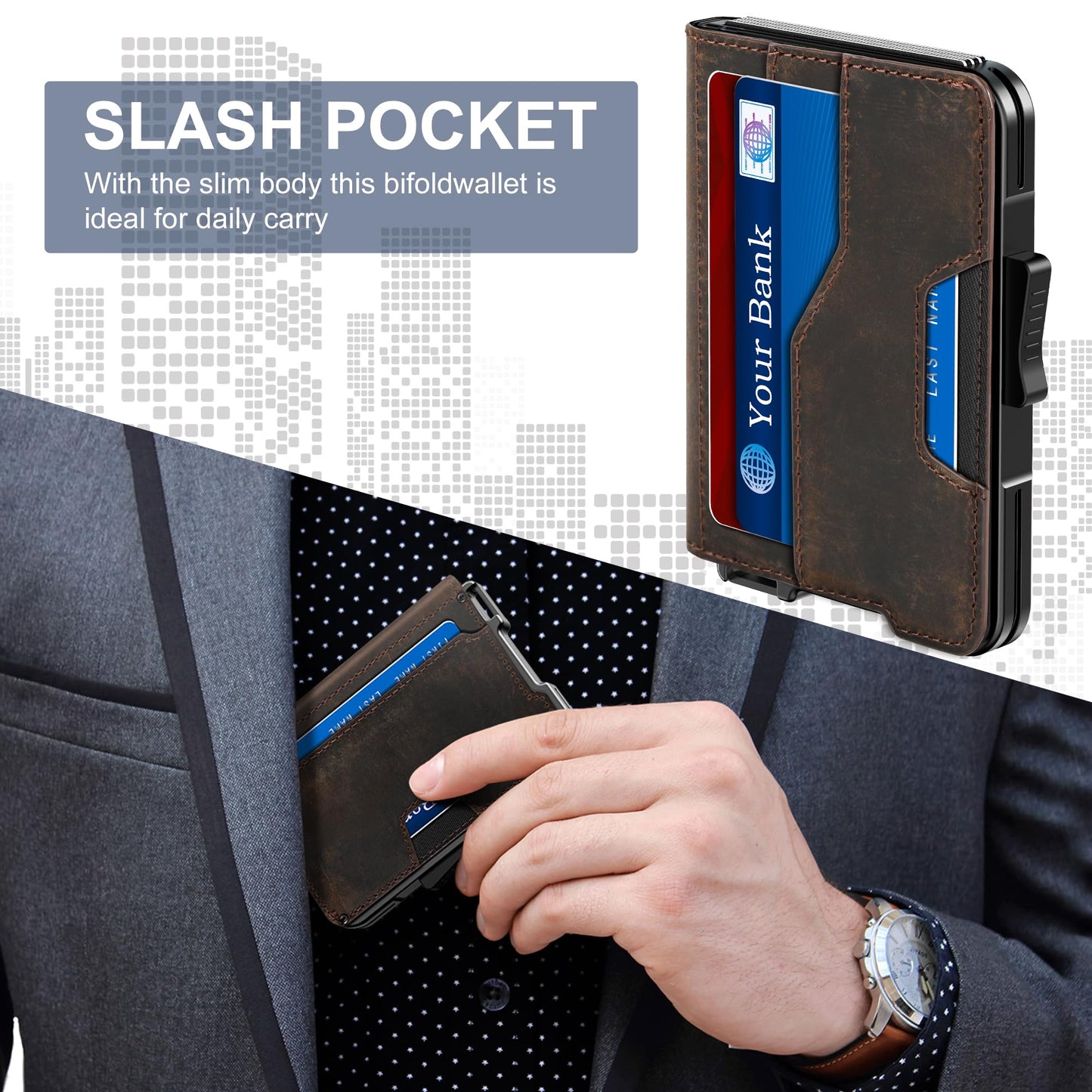 Kunlgro Wallet for Men - Pop Up Case, Cash Slot, and Credit Card Wallet - Slim Minimalist Aluminum Front Pocket Wallet with RFID Blocking/ID Window (Genuine Leather Dark Coffee)