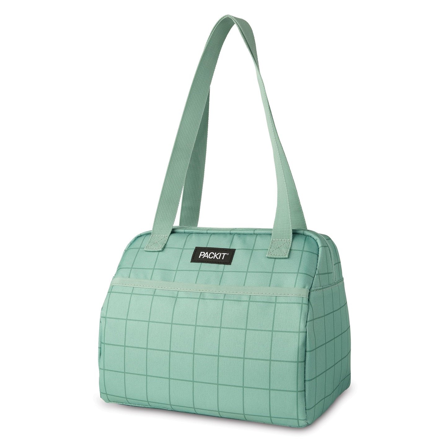 PackIt®️ Freezable Hampton Lunch Bag, Sports Grid Sage, Built with ECOFREEZE® Technology, Collapsible, Reusable, Zip Closure with Front Pocket and Shoulder Straps, Designed for Fresh Office Lunches
