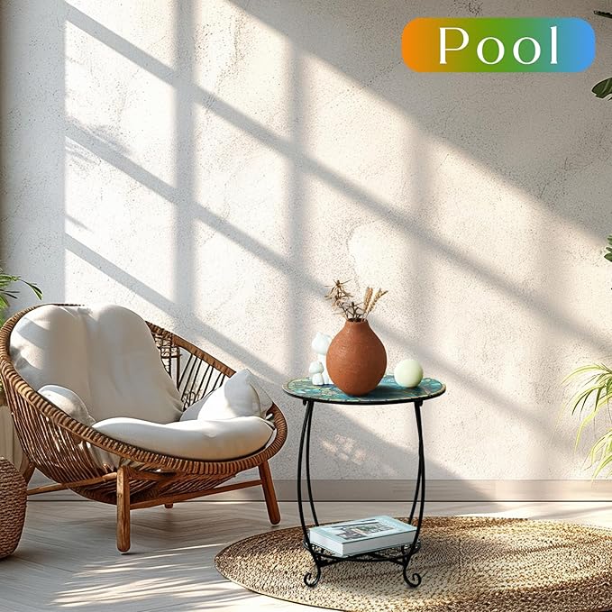 Cinnvoice Outdoor Side Table Round Small Mosaic Patio Accent Indoor End Plant