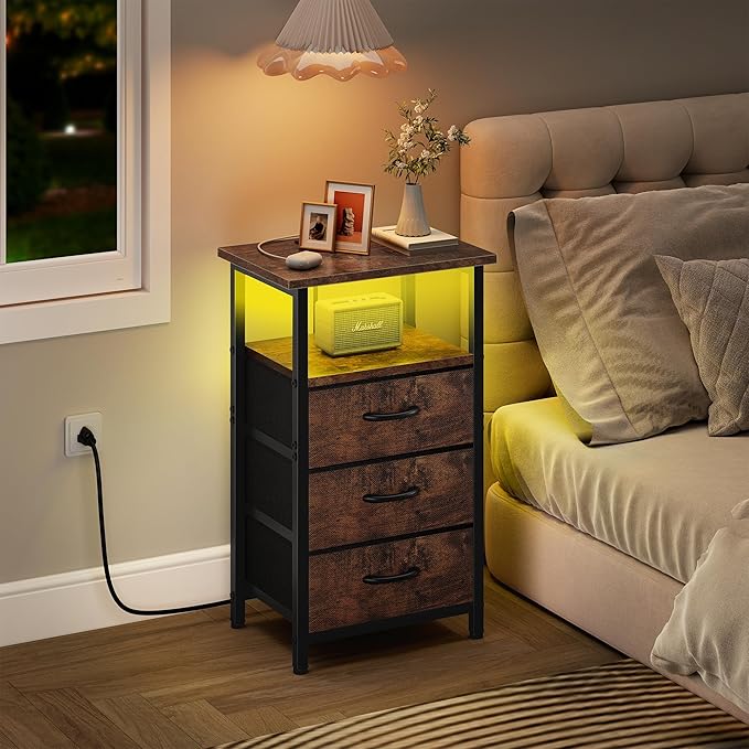 Vagusicc Night Stand with Charging Station, LED Nightstand