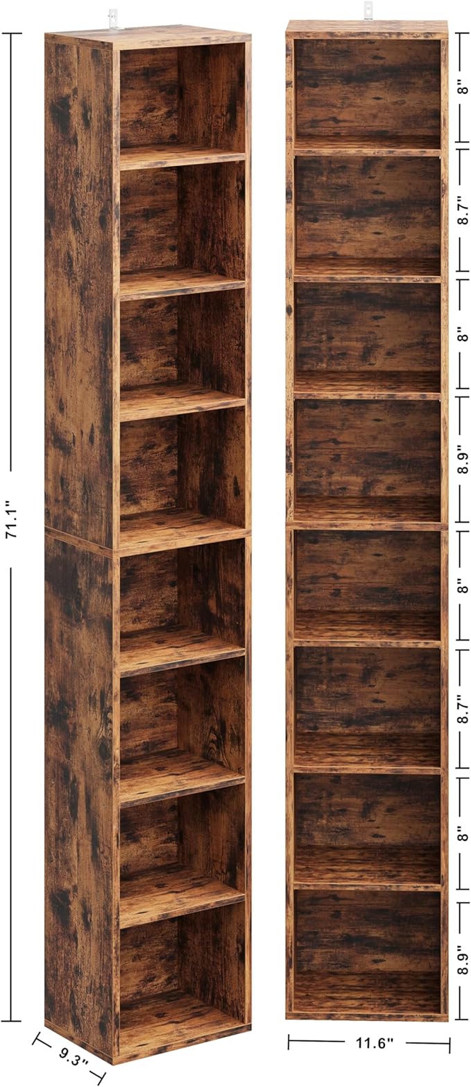 IRONCK Tall Narrow Bookshelf 8 Tiers 71in Set of 2, Compact Corner Bookcase