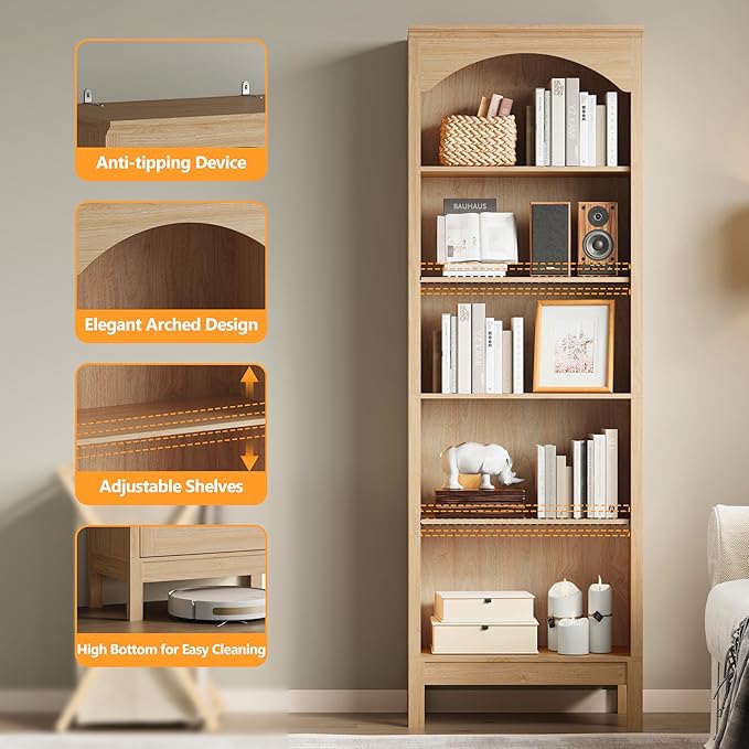 Arched Set of 2 Bookshelf with 5 Tier Open Shelves, Living Room, Natural Oak