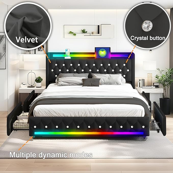 Music Player Full Bed with Bluetooth Speakers, USB&Type C Charging Ports