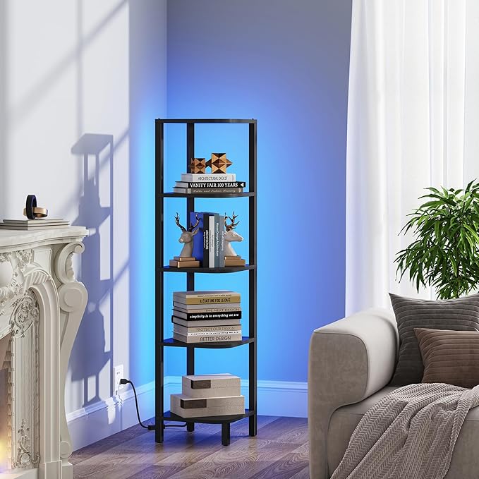 TUTOTAK Corner Shelf with LED Light, 5-Tier Corner Bookshelf