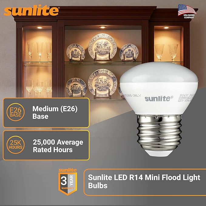 Sunlite LED R14 Mini Flood Light Bulbs, 4 Watts, 250 Lumens, Medium Base