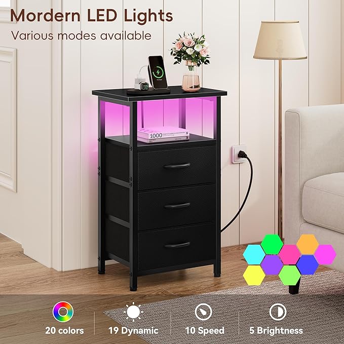 Vagusicc Night Stand with Charging Station, LED Nightstand