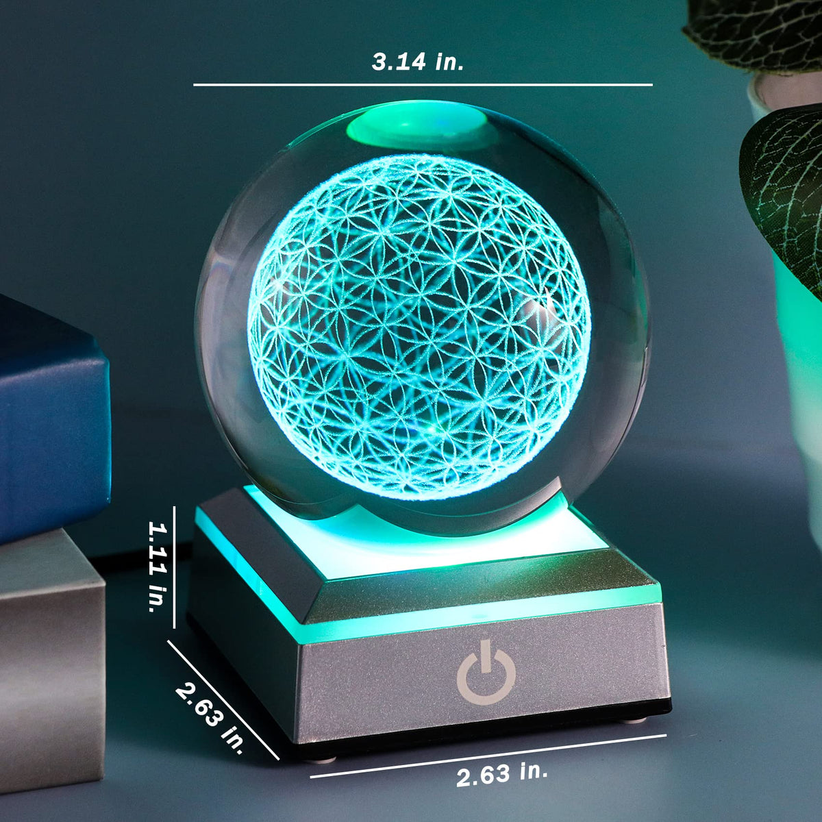 Qianwei Flower of Life Crystal Sphere with Led Colorful Lighting Touch Base, Sacred Geometry Crystal Ball Starlight Magic, Feng Shui Decor Laser Engraved Seek of Flower Inside A Sphere