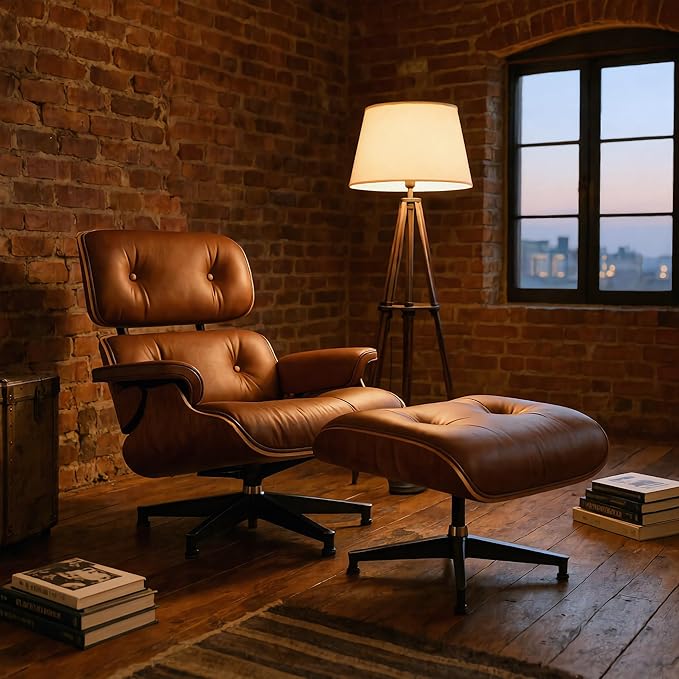 Top Grain Leather, Mid Century Chaise Lounge Chair and Ottoman, Reading Chair