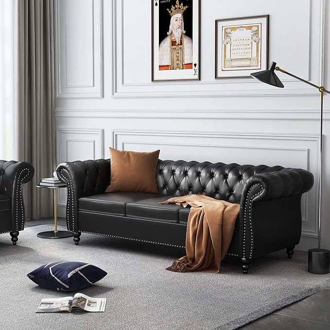 3 Piece Living Room Set, Chesterfield Leather Sofa Loveseat Couch Chair