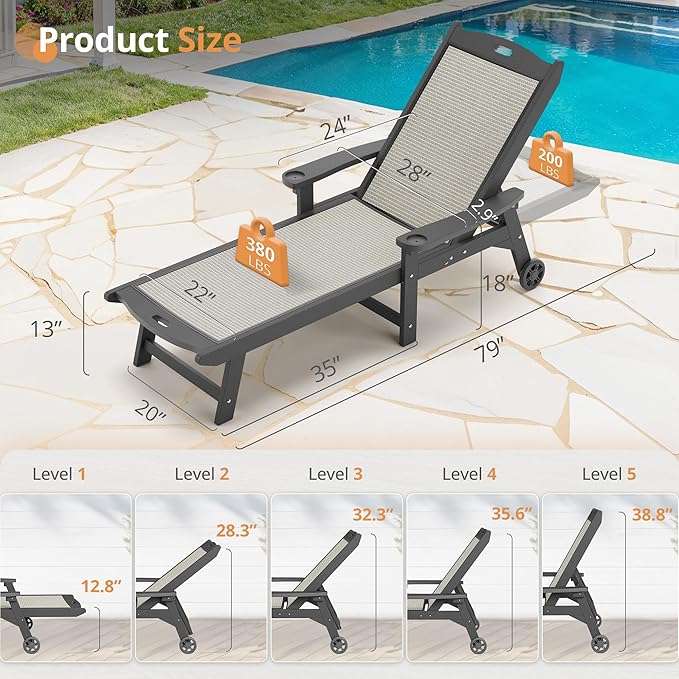 LUE BONA Chaise Lounge Chair Outdoor, HDPS and HDPE Wicker Material, Patio