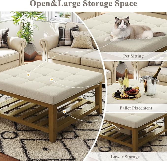 Befurtori Large Square Ottoman Coffee Table, Linen Solid Upholstered Footrest