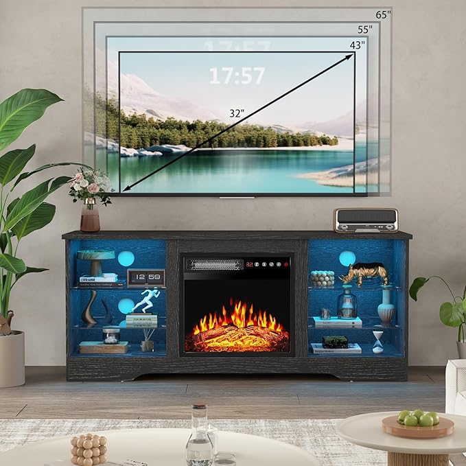 PRETZI Fireplace TV Stand with 18" Fireplace Up to 65" TVs, TV Media Console