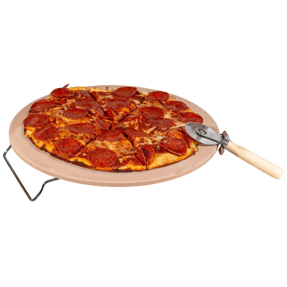 Pizza Stone - 15-Inch Pizza Stone for Oven or Grill with Cutter and Metal Serving Rack/Handles - Oven Accessories by Classic Cuisine