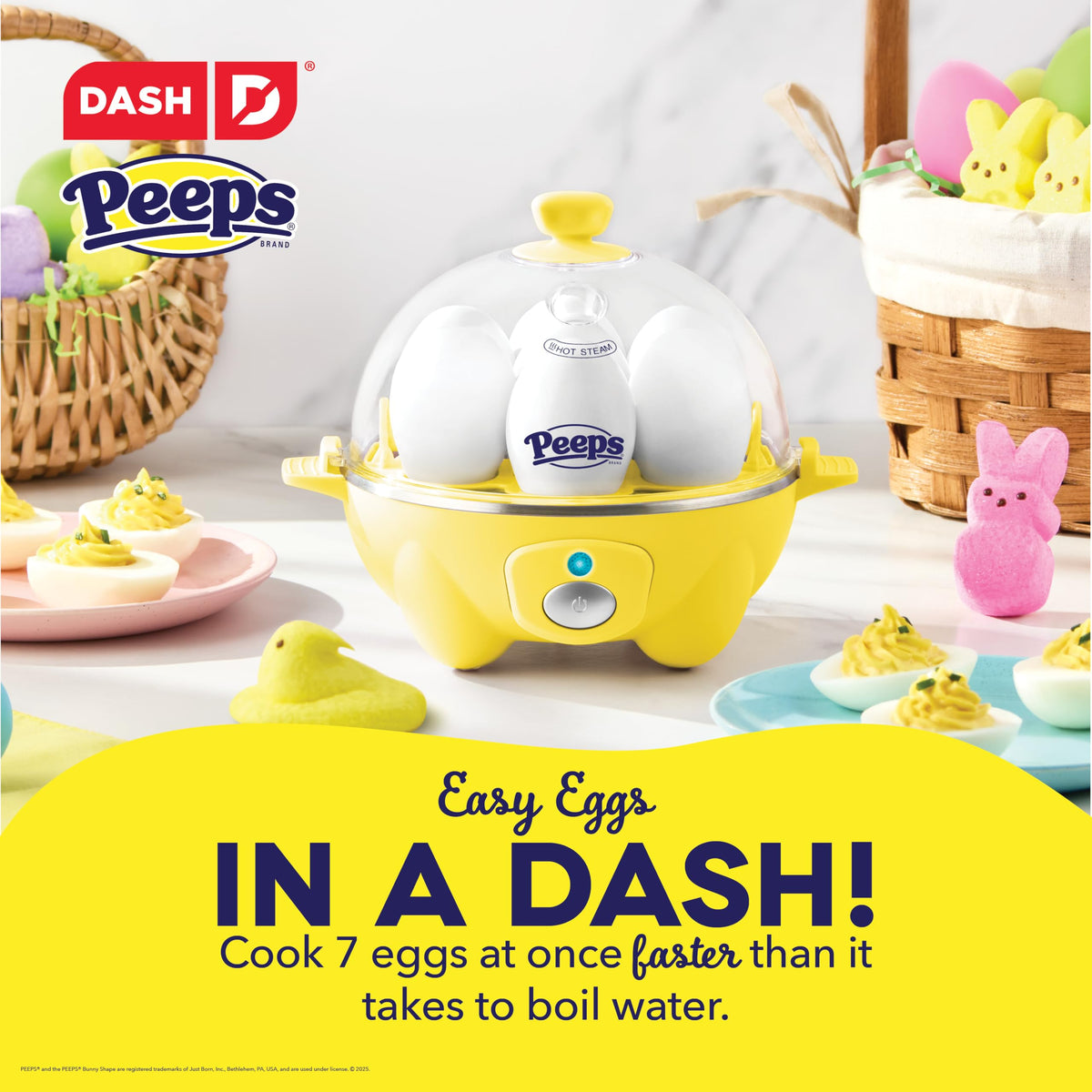 PEEPS & Dash Rapid Egg Cooker - Boiler, Poacher & Steamer - Includes Measuring & Recipe Guide - Dishwasher Safe - BPA Free - Holds 7 Eggs, Yellow