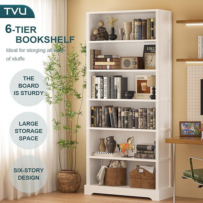TVU 6-Tier Wooden Bookshelf, 77.2" Tall Farmhouse Style Open Bookcase, 31.5" W