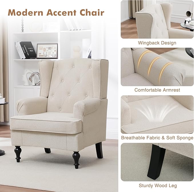 Accent Chair Set of 2, Mid Century Modern Fabric Wingback Chair, Upholstered