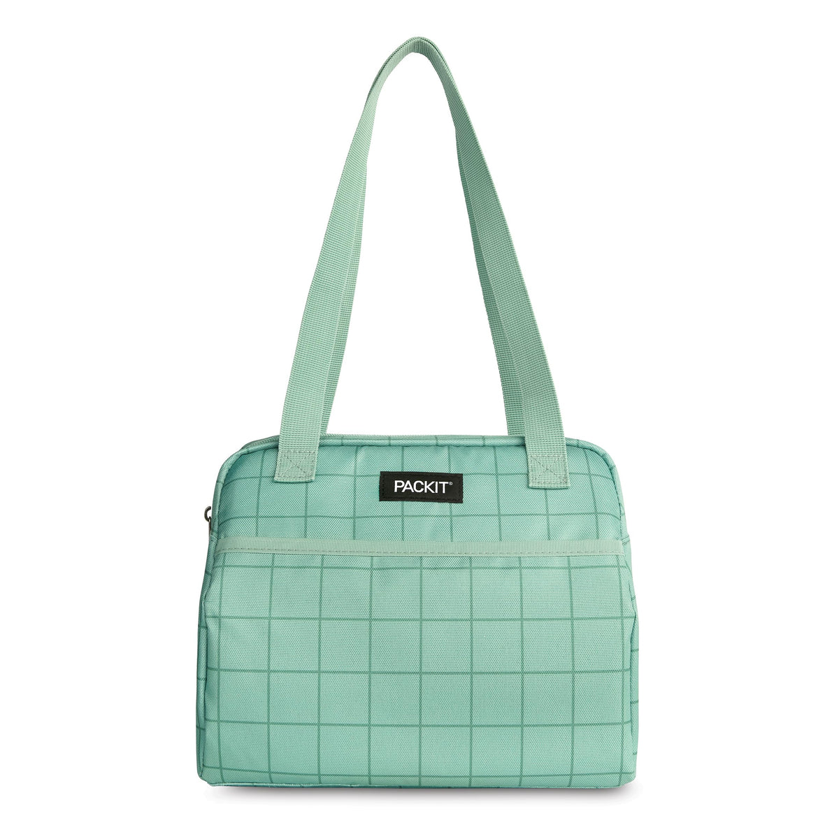 PackIt®️ Freezable Hampton Lunch Bag, Sports Grid Sage, Built with ECOFREEZE® Technology, Collapsible, Reusable, Zip Closure with Front Pocket and Shoulder Straps, Designed for Fresh Office Lunches
