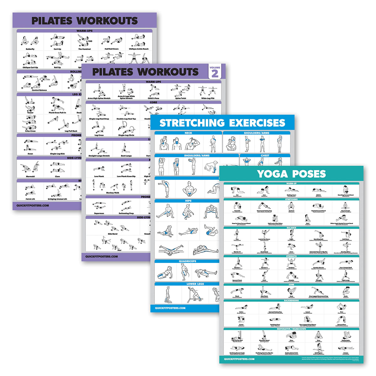 Palace Learning 4 Pack - Pilates Workout Volume 1 & 2 + Stretching + Yoga Poses - Exercise Poster Set (18" x 24", LAMINATED)