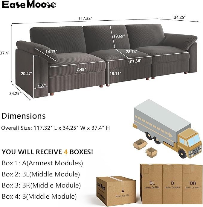 EASE MOOSE Sectional Modular Sofa, Comfty 3 Seat Cloud Couch, FSC Certified
