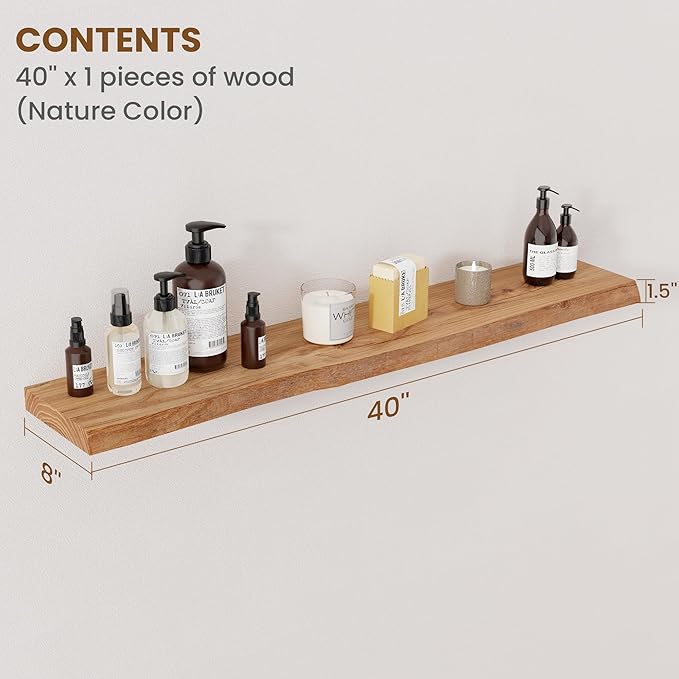 Floating Shelves for Wall Decor, Rustic Solid Elm Wood Live Edge Floating