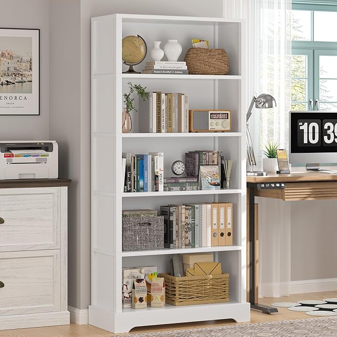 TVU 5-Tier Wooden Book shelf, Floor-Standing Display Bookcase, Farmhouse Style