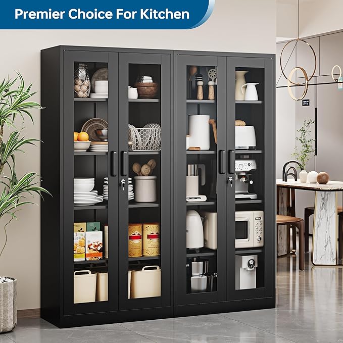 PEUKC Display Cabinet with Glass Doors, 71 Inches Metal Display Case with 4