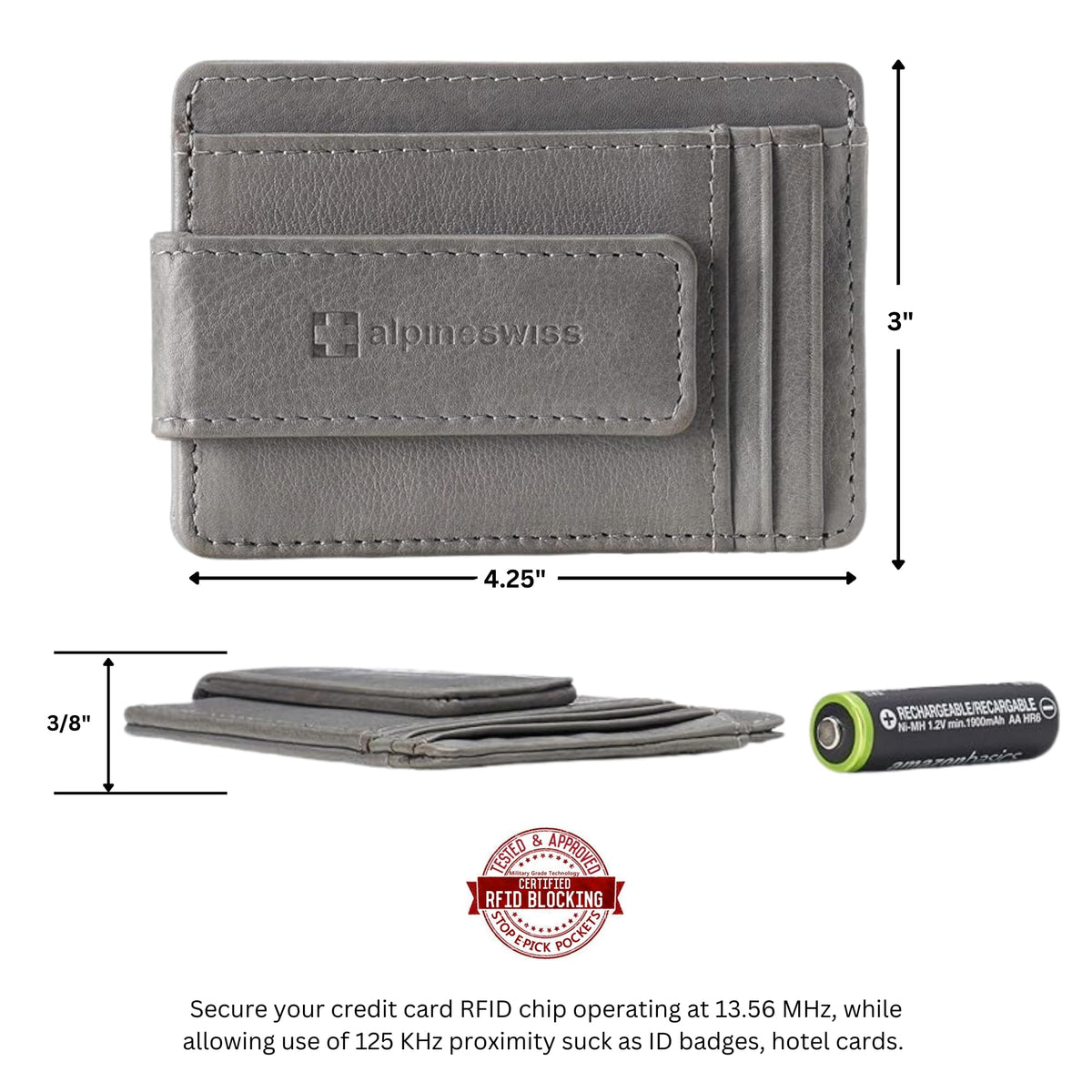 Alpine Swiss Harper Mens RFID Slim Money Clip Front Pocket Wallet Minimalist Leather ID Card Holder Gray