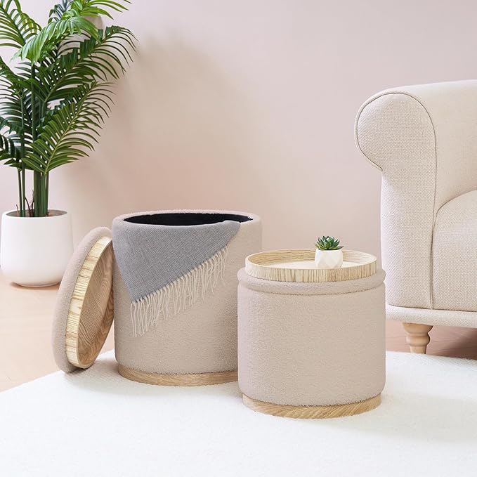 PINPLUS Round Ottoman with Storage Set of 2, Vanity Stool with Storage