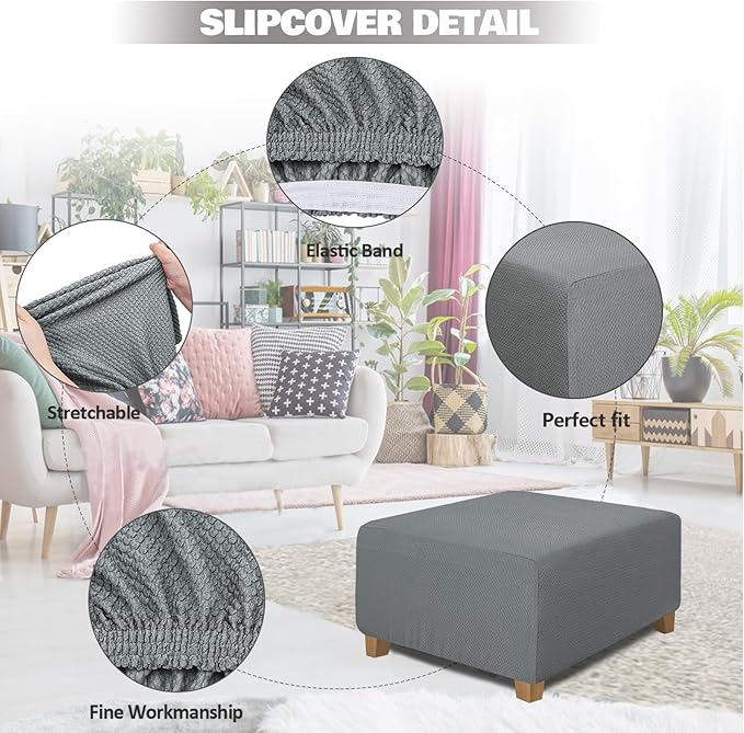 NeColorLife Square Ottoman Cover Jacquard Fabric Thick Stretchable Slipcover