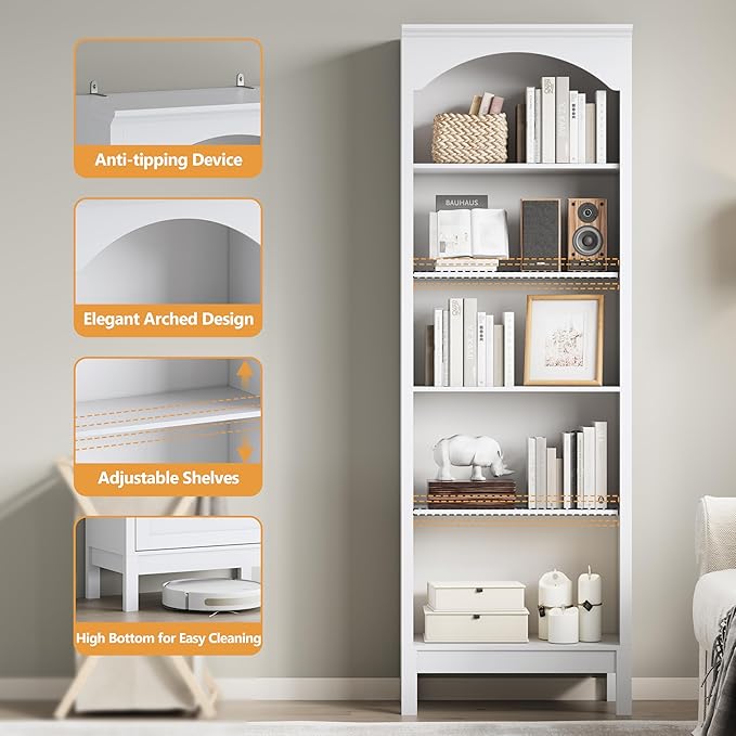 Arched Set of 2 Bookshelf with 5 Tier Open Shelves, Living Room, Modern White