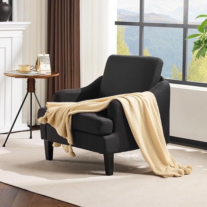 VINGLI Linen Fabric Accent Chair Black, Modern Upholstered Armchair, Comfy Sofa