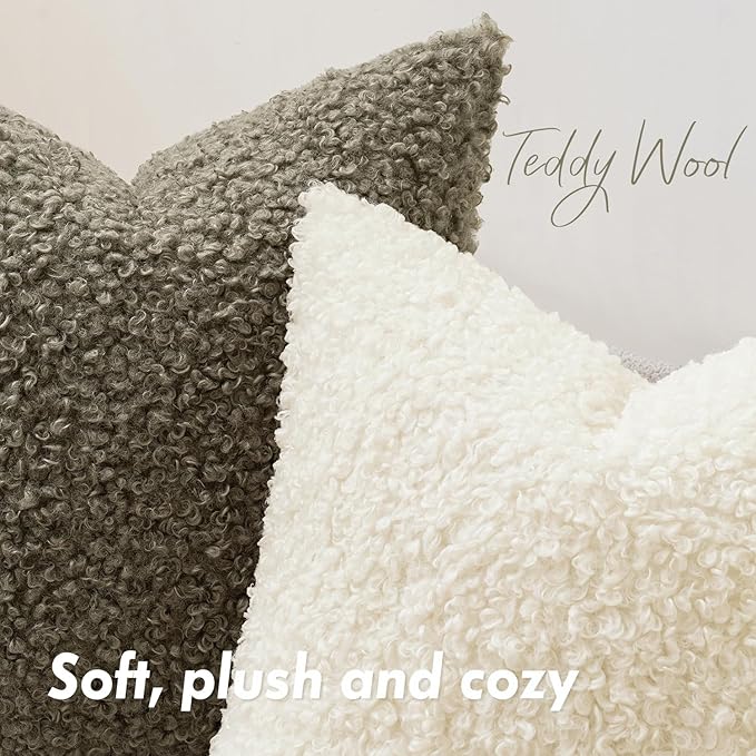Faux Fur Throw Pillow Covers 20x20 Inch Set of 2 Boucle Neutral Decorative