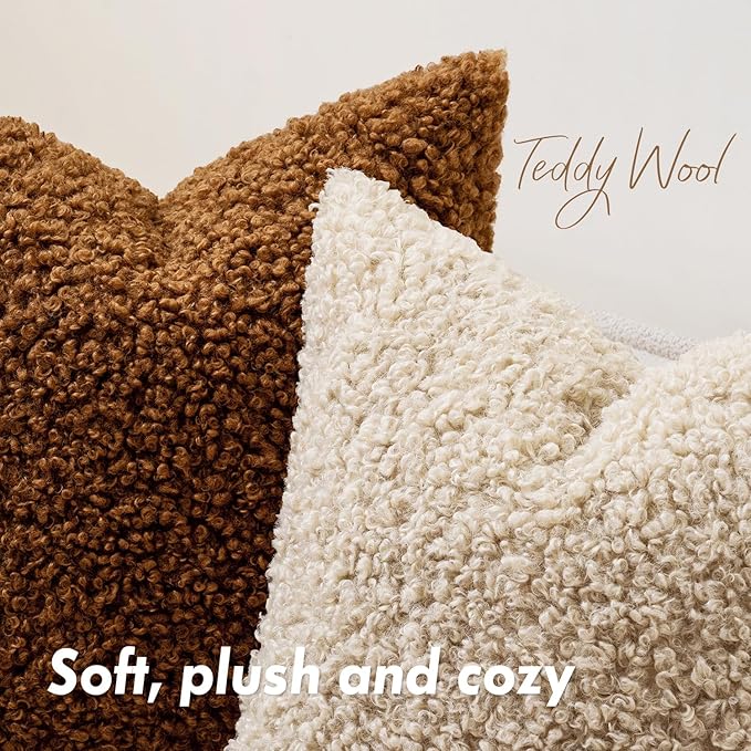Faux Fur Throw Pillow Covers 20x20 Inch Set of 2 Boucle Neutral Decorative
