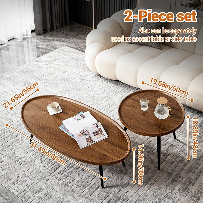 Garvee Nesting Coffee Table Set of 2, 2-Piece Walnut Coffee Tables, Mid Century