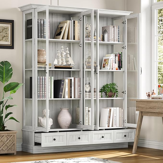 78" Large Storage Cabinet with Glass Doors, China Hutch, Farmhouse Kitchen