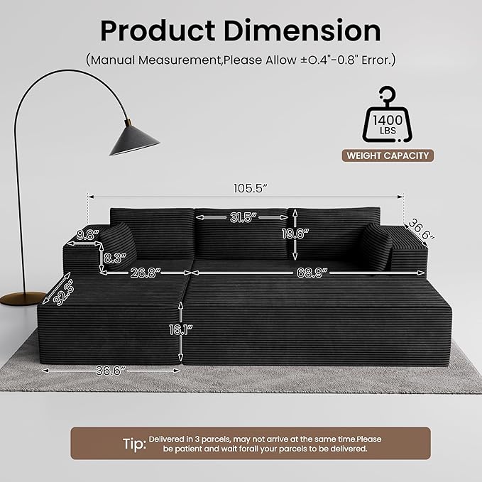 GRUSIGN 106" Oversized Sectional Boneless Sleeper Sofa Bed Couches