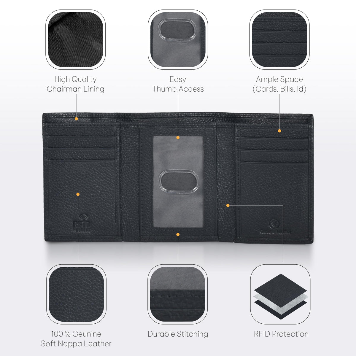 Leather Trifold Wallet For Men - RFID Blocking - 6 Card Slots, 2 Note Compartments & 1 ID Window - Minimalist Design, Slim Wallet - Premium, Fashionable Gifts for Him - Father's Day (Black Pebble)