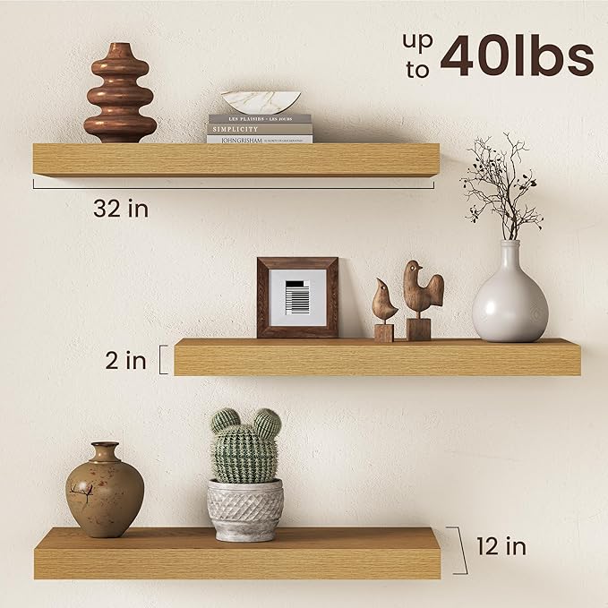 32Inch Oak Floating Shelves for Wall, 12 Inch Deep Shelves for Bedroom