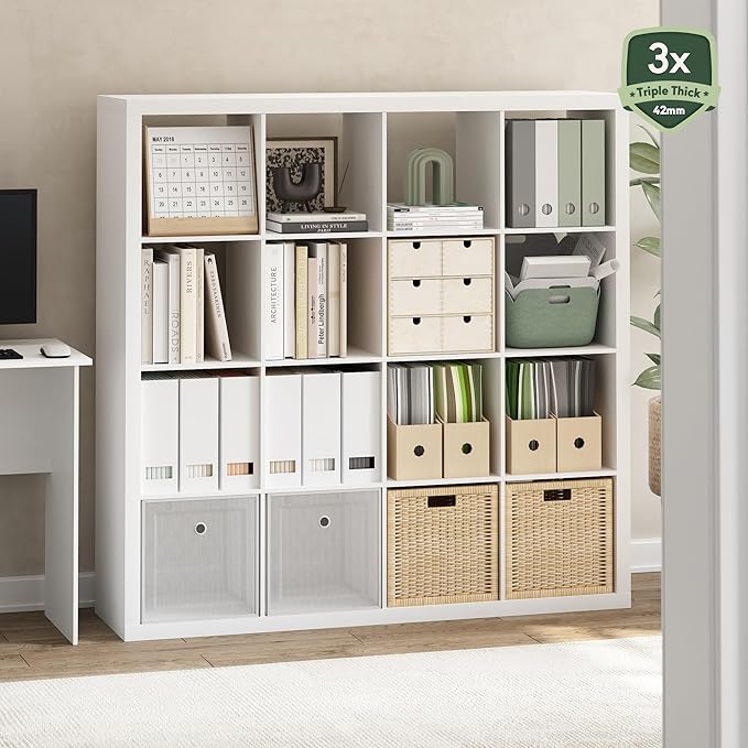 Furinno Cubicle Book Shelf, 16-Cube Bookshelf, Triple Thick Frame Cube Storage