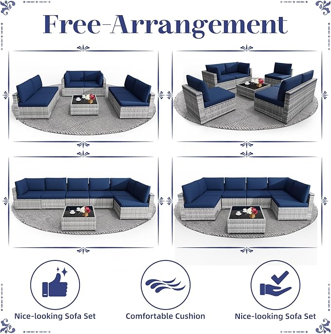 KIGOTY Patio Furniture Set, 7 Pieces Modular Outdoor Sectional Sofa, PE Rattan