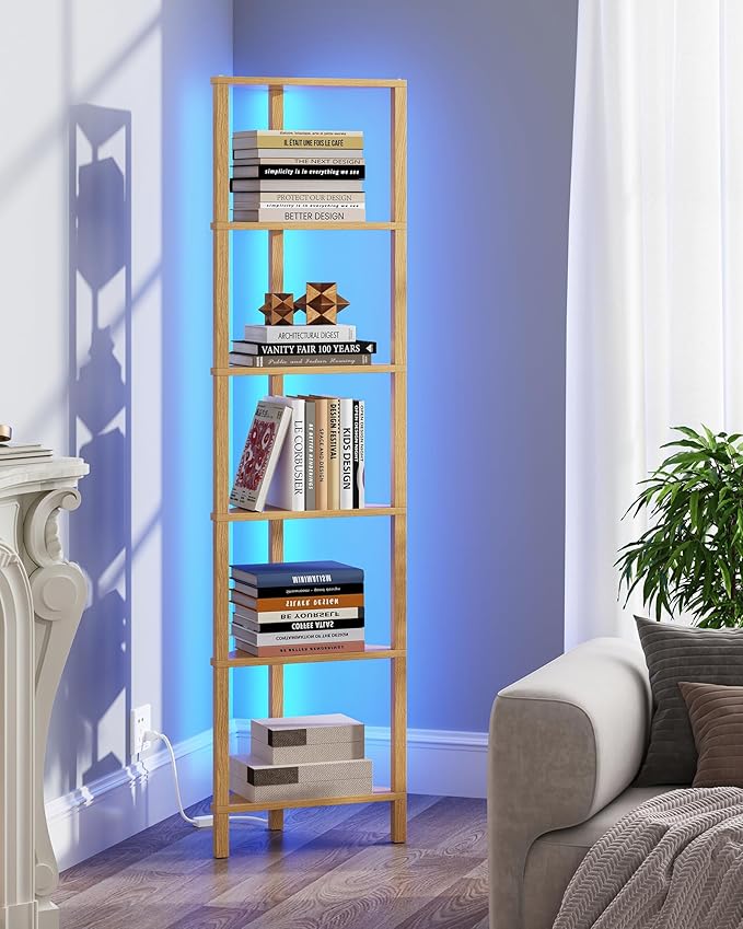 TUTOTAK Corner Shelf with LED Light, 6-Tier Corner Bookshelf