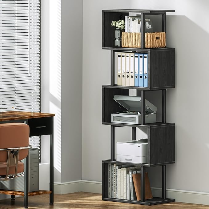 Furologee 6 Tier Bookshelf Tall Geometric Bookcase, S Shaped Industrial Display