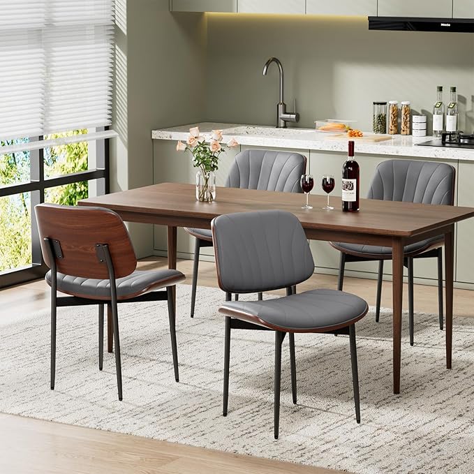REONEY Dining Chairs Set of 6, Mid-Century Modern Upholstered PU Leather Chairs