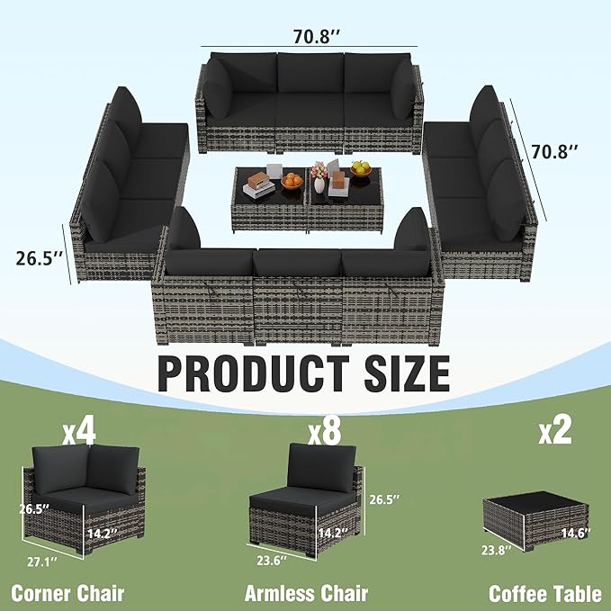 KIGOTY 14-Piece Patio Furniture Set, All-Weather PE Rattan Outdoor Sectional