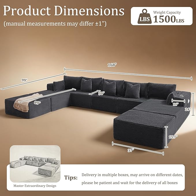 168" Cloud Sectional Couch, Comfort U Shaped Sofa