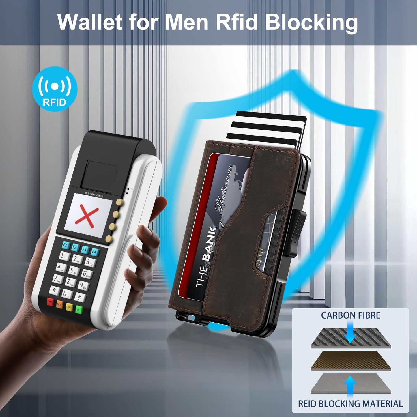 Kunlgro Wallet for Men - Pop Up Case, Cash Slot, and Credit Card Wallet - Slim Minimalist Aluminum Front Pocket Wallet with RFID Blocking/ID Window (Genuine Leather Dark Coffee)