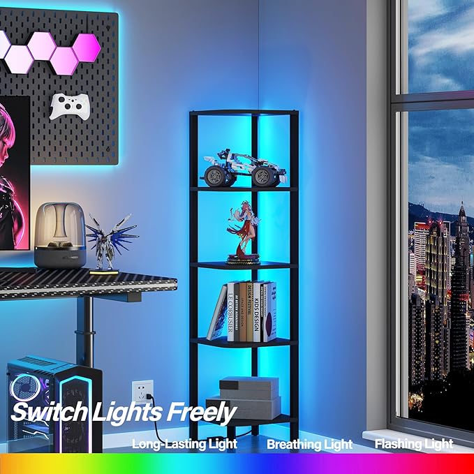 TUTOTAK Corner Shelf with LED Light, 5-Tier Corner Bookshelf
