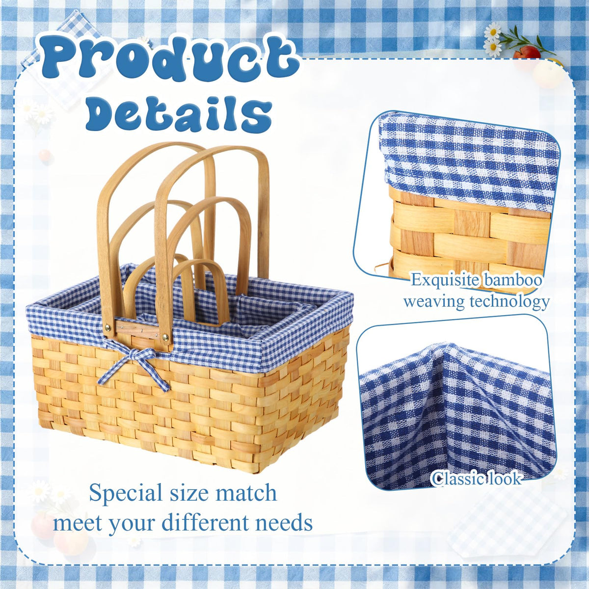 LOYIM 3 Pcs Different Sizes Picnic Basket with Handles Spring Plaid Gingham Checkered Liner Basket Rustic Woven Hamper for Picnic Camping Outdoor Egg Gathering Candy Gift(Blue)