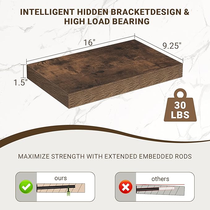 Acovy 16 Inch Floating Shelves, Wooden Shelves