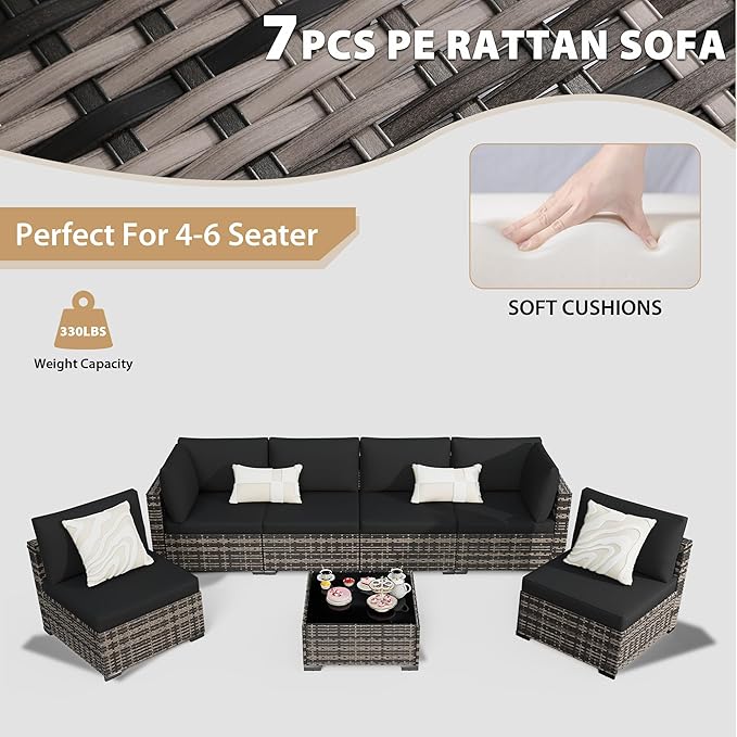 KIGOTY 7-Piece Patio Furniture Set, All-Weather PE Rattan Outdoor Sectional Sofa